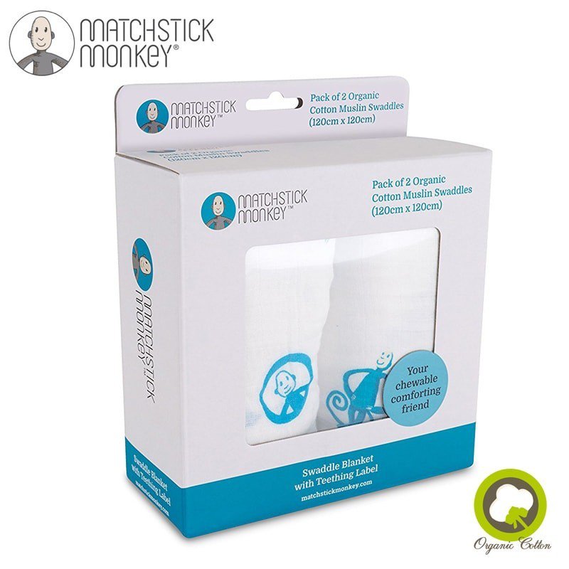 Matchstick Monkey Organic Cotton Swaddle Blue BIO Otulacz z gryzakiem 2 szt
