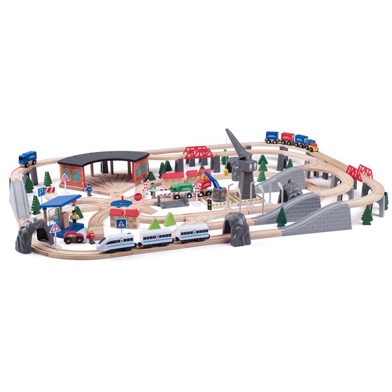 Woody - Kolejka drewniana Premium z 2 dźwigami i elektryczną lokomotywą