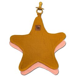 Hi Little One - Przytulanka muślinowa dou dou z zawieszką na smoczek cozy muslin pacifier clip Star Mustard