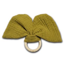 Hi Little One - szeleszczący gryzak Elephant muslin with wood teether Olive