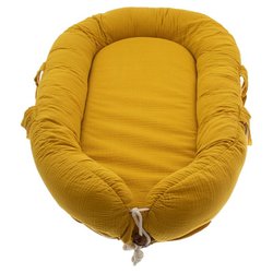 Hi Little One - Kokon gniazdko dla Noworodka z oddychającego muślinu NEWBORN NEST MUSTARD