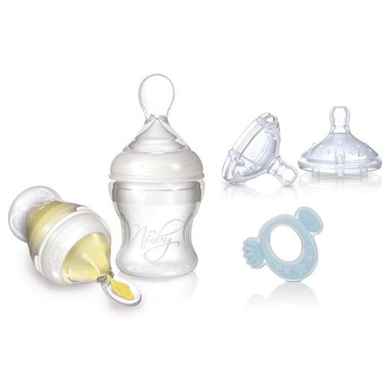 Nuby - Zestaw do karmienia Infafeeder + smoczki na butelkę + gryzak