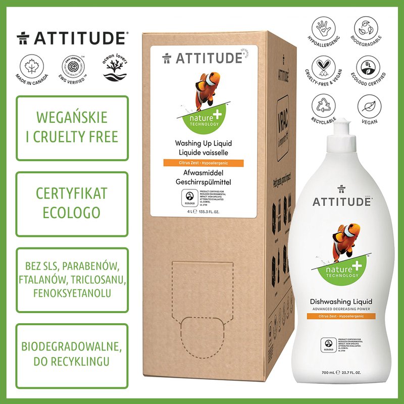 Attitude, Płyn do mycia naczyń, Skórka Cytrynowa (Citrus Zest), 700 ml ATTITUDE