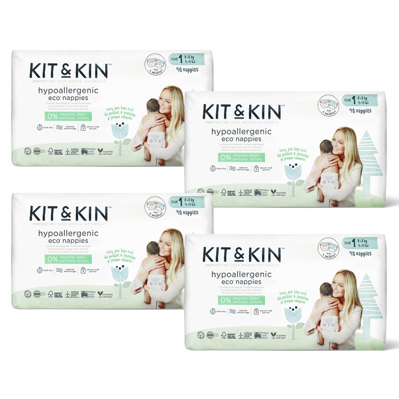 Kit and Kin, Biodegradowalne Pieluszki Jednorazowe 1 Mini (2-5kg), Owieczka/Sówka, 40 szt. x4 (KARTON) KIT AND KIN