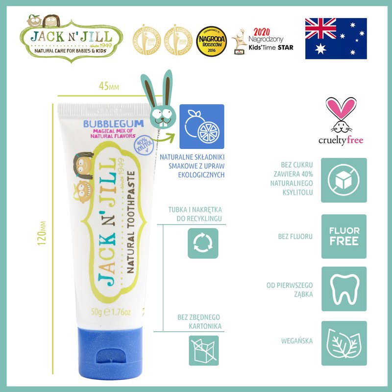 Jack N'Jill, Naturalna Pasta do zębów Bubblegum, Xylitol, 50g JACK N'JILL