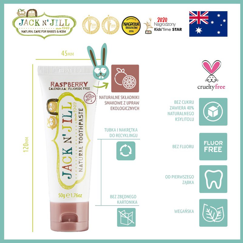 Jack N'Jill, Naturalna Pasta do zębów, organiczna malina i Xylitol, 50g JACK N'JILL