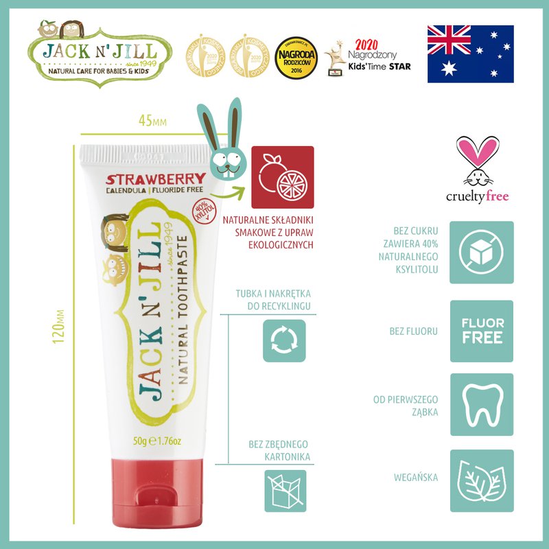 Jack N'Jill, Naturalna Pasta do zębów, organiczna truskawka i Xylitol, 50g JACK N'JILL