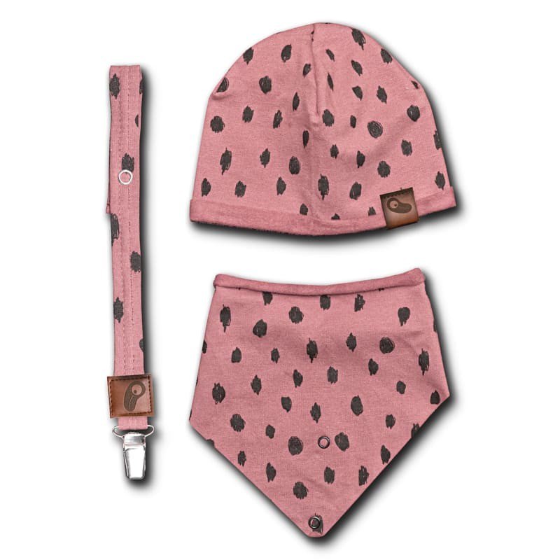 Hi Little One - czapeczka, bandanka i zawieszka do smoczka z organicznej bawełny GOTS Leopard Blush