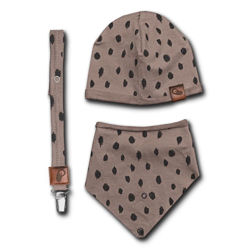 Hi Little One - czapeczka, bandanka i zawieszka do smoczka z organicznej bawełny GOTS Leopard Grey
