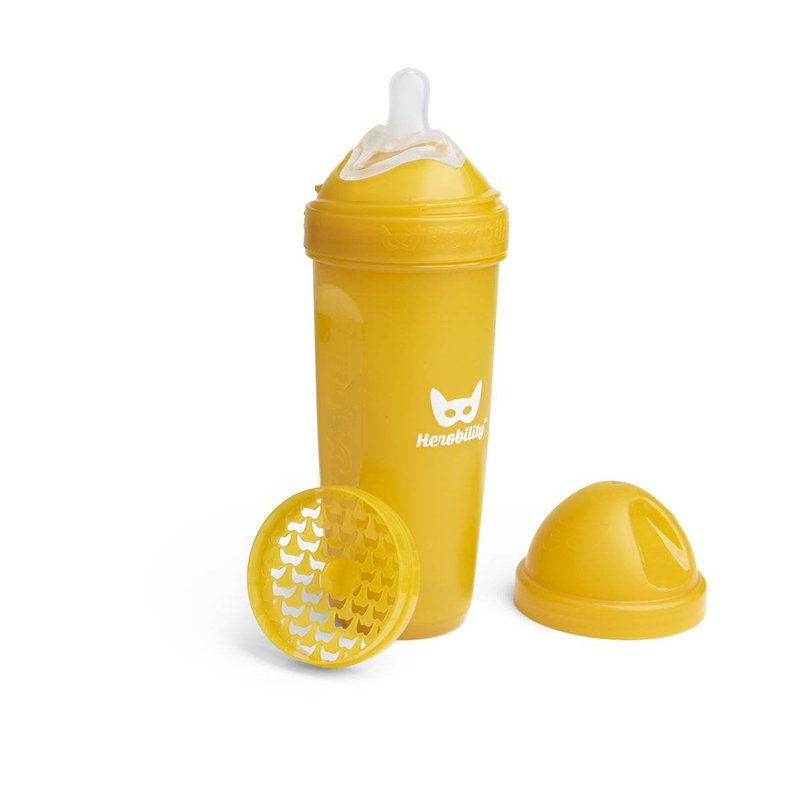 Herobility - butelka antykolkowa Herobottle 340 ml, musztardowa + smoczek L (4 m+)