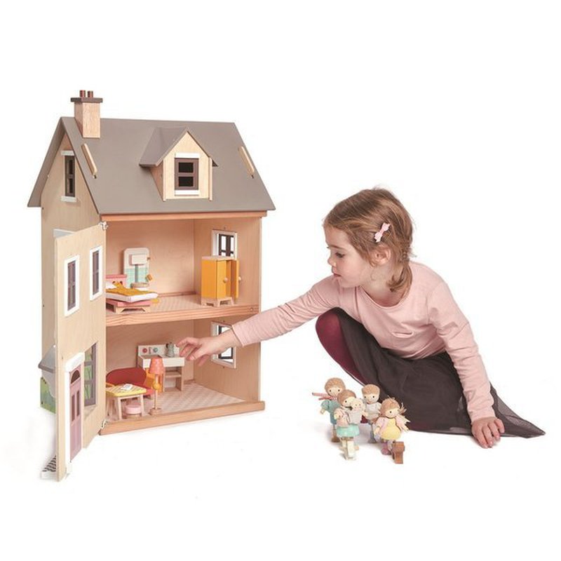 Drewniany trzypiętrowy domek dla lalek z wyposażeniem, Tender Leaf Toys tender leaf toys