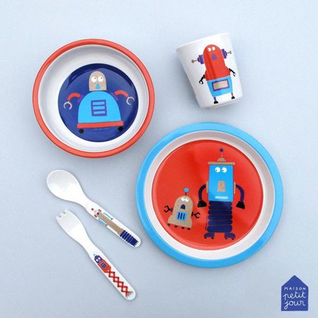 Zestaw naczyń i sztućców dla dziecka, 5 el., Roboty | Maison Petit Jour®