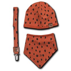 Hi Little One - czapeczka, bandanka i zawieszka do smoczka z organicznej bawełny GOTS Leopard Rust