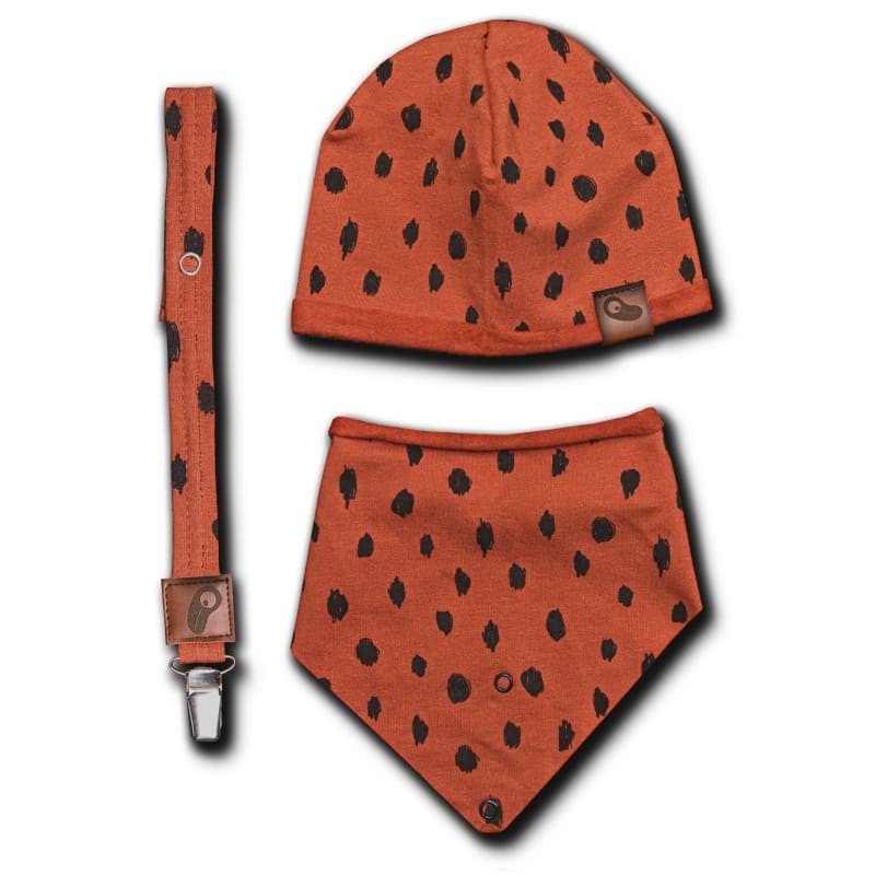Hi Little One - czapeczka, bandanka i zawieszka do smoczka z organicznej bawełny GOTS Leopard Rust