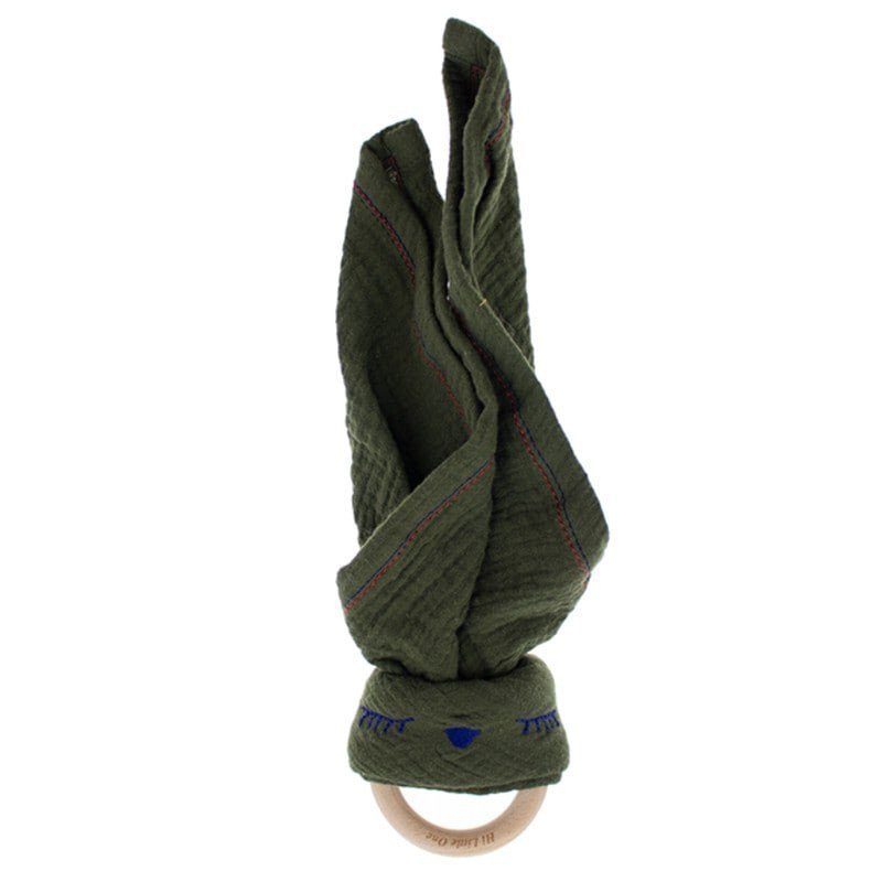 Hi Little One - Przytulanka muślinowa z gryzakiem Sleepy Bunny cozy muslin with wood teether Green Hunter