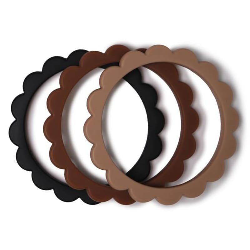 Mushie - 3 gryzaki silikonowe bransoletki FLOWER Black/Caramel/Natural mushie