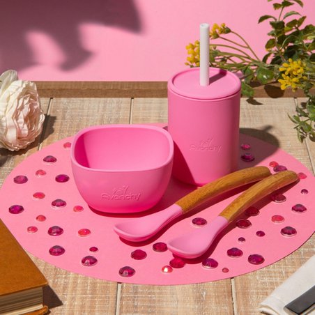 Avanchy La Petite Silikonowy Zestaw Obiadowy dla Dziecka Pink