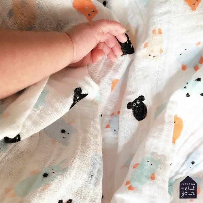 Muślinowy, mały otulacz dla niemowlaka, Doudous, Puchaci Przyjaciele | Maison Petit Jour®