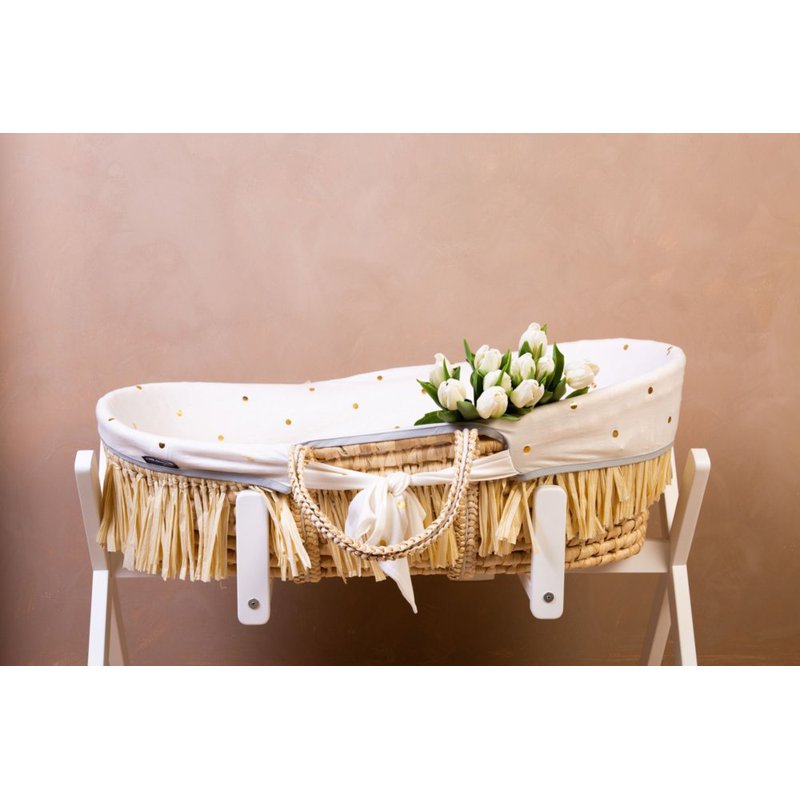 Childhome Kosz mojżesza Boho z materacykiem + Pokrowiec Jersey Gold dots CHILDHOME