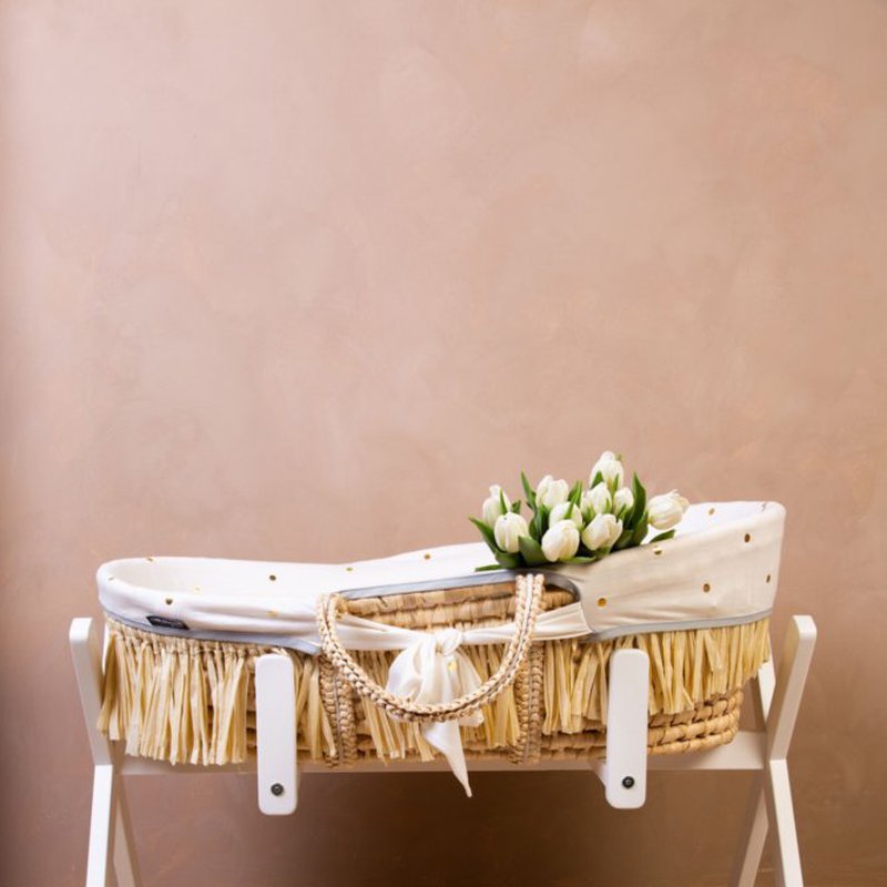 Childhome Kosz mojżesza Boho z materacykiem + Pokrowiec Jersey Gold dots CHILDHOME