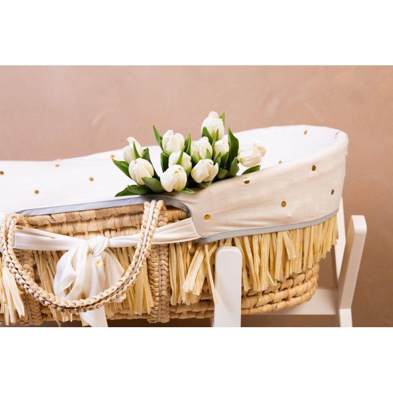Childhome Kosz mojżesza Boho z materacykiem + Pokrowiec Jersey Gold dots CHILDHOME