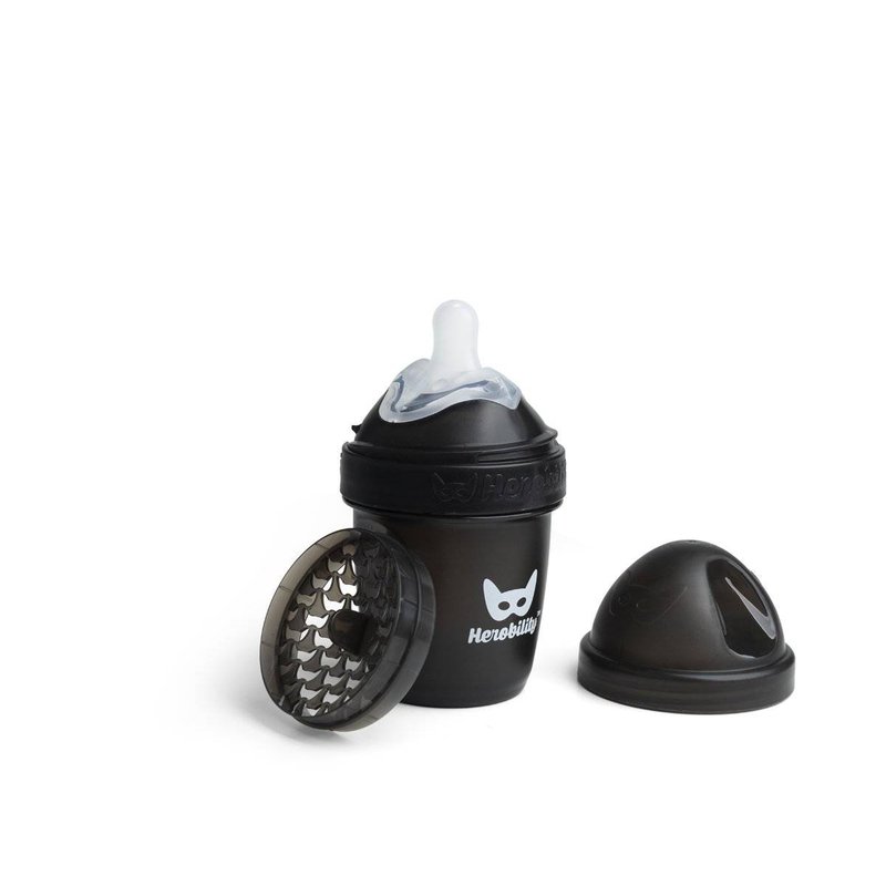 Herobility - butelka antykolkowa HeroBottle 140 ml, czarna + smoczek S (0 m+)