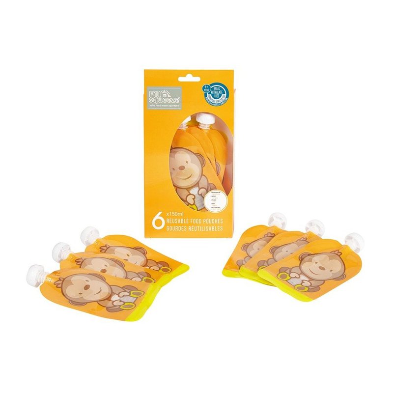 Fill n Squeeze - Saszetki wielorazowe z podwójnym zipem 6 szt., Wesoła Małpka, Fill'n Squeeze