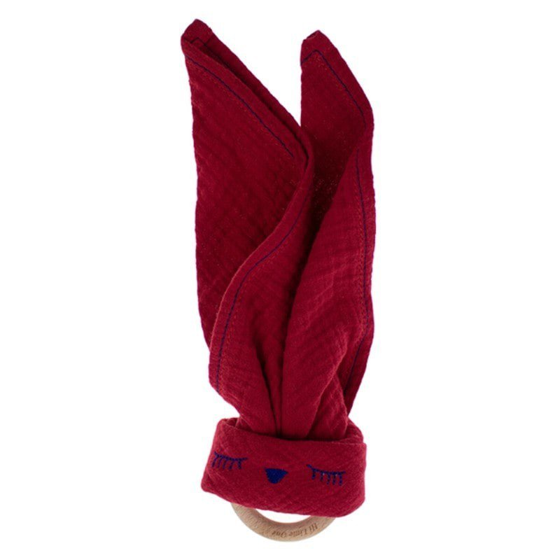 Hi Little One - Przytulanka muślinowa z gryzakiem Sleepy Bunny cozy muslin with wood teether Strawberry