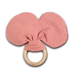 Hi Little One - szeleszczący gryzak Mouse muslin with wood teether Salmon