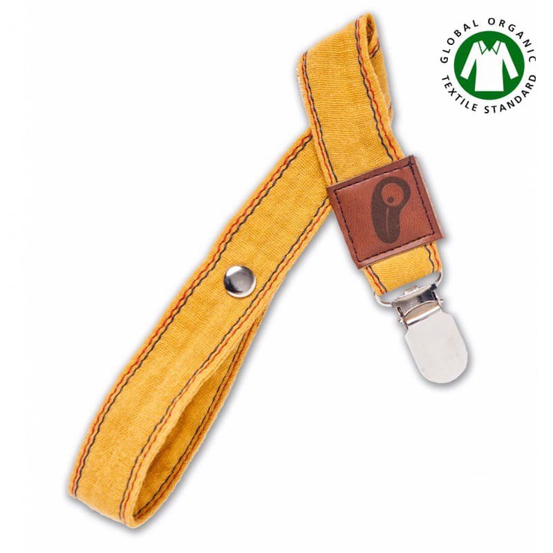 Hi Little One - Zawieszka do smoczka z organicznej BIO bawełny GOTS Muslin Pacifier holder Mustard