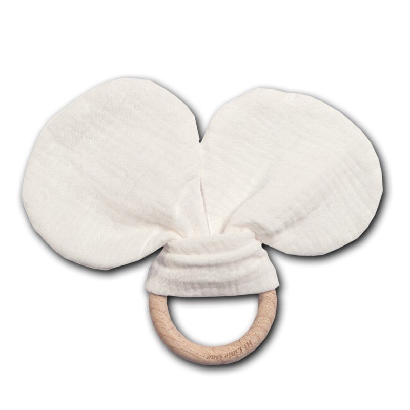 Hi Little One - szeleszczący gryzak Mouse muslin with wood teether White