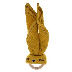 Hi Little One - Przytulanka muślinowa z gryzakiem Sleepy Bunny cozy muslin with wood teether Mustard