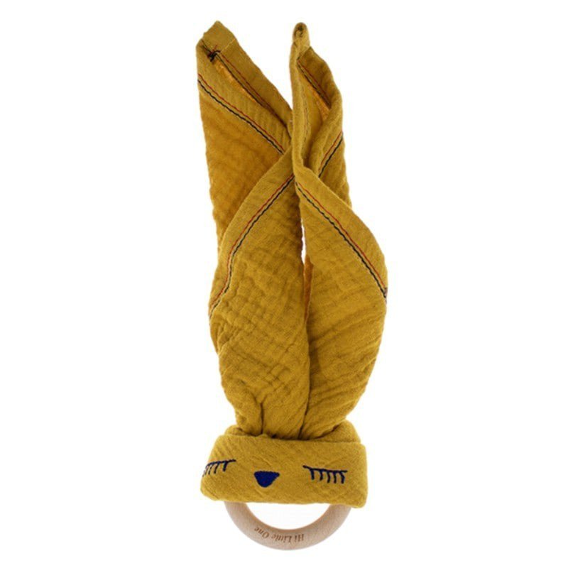 Hi Little One - Przytulanka muślinowa z gryzakiem Sleepy Bunny cozy muslin with wood teether Mustard