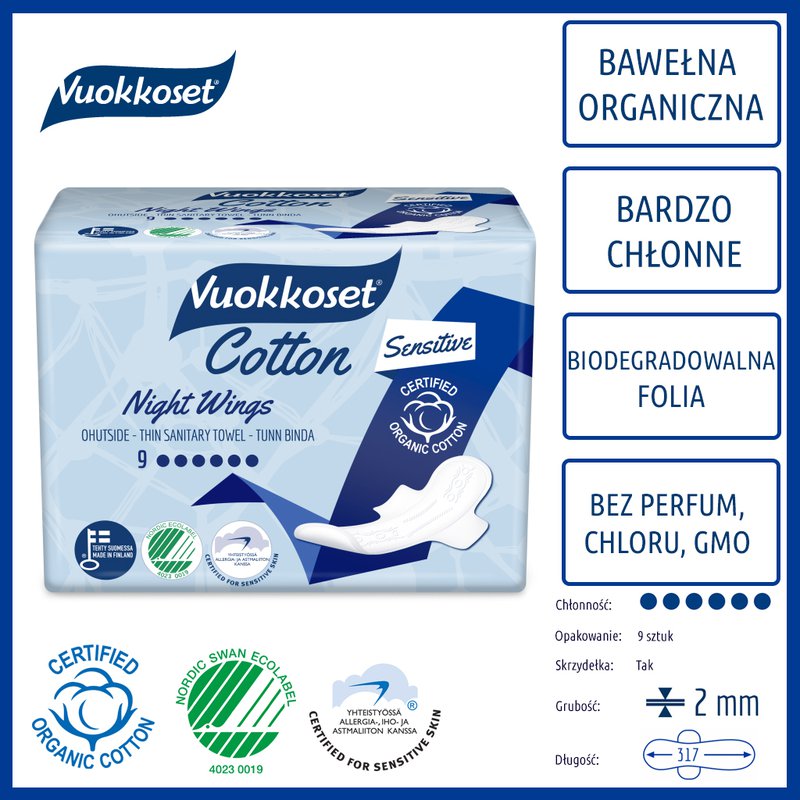 Vuokkoset, COTTON, Podpaski ze Skrzydełkami na Noc Sensitive, 9 szt. VUOKKOSET