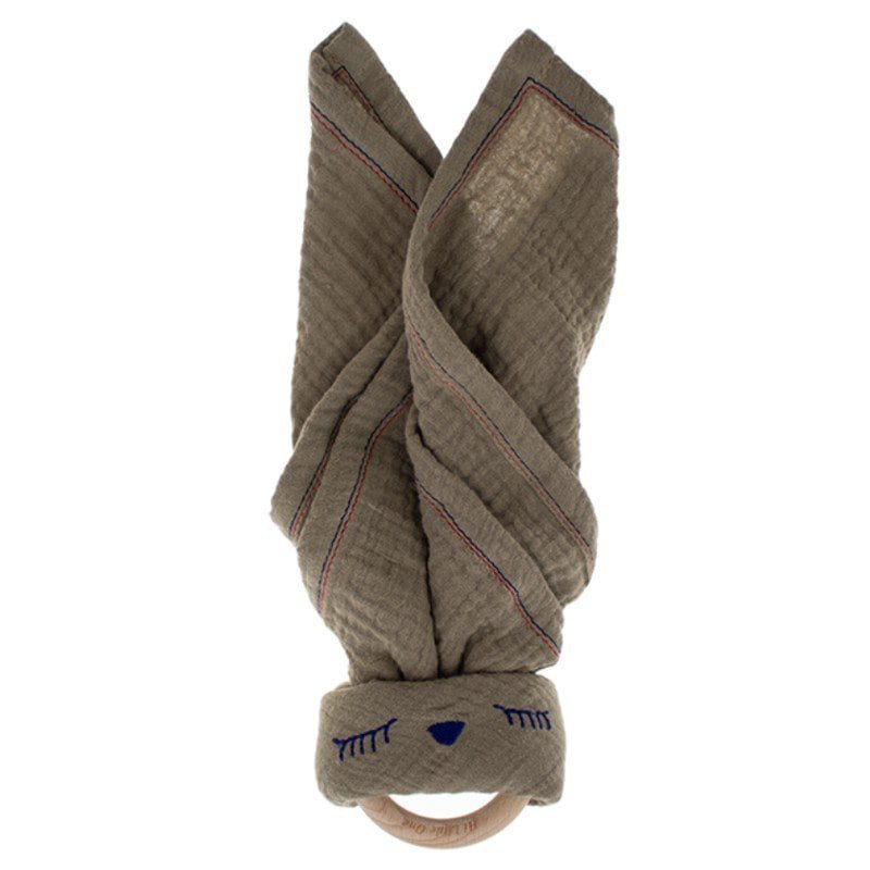 Hi Little One - Przytulanka muślinowa z gryzakiem Sleepy Bunny cozy muslin with wood teether Dark Oak Light