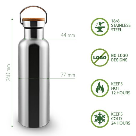BAMBAW, Butelka termiczna ze stali nierdzewnej z bambusową nakretką, 750ml BAMBAW, Butelka termiczna ze stali nierdzewnej z bambusową nakretką, 750ml