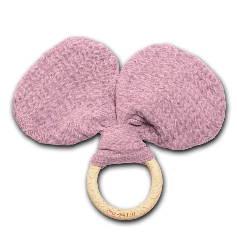 Hi Little One - szeleszczący gryzak Mouse muslin with wood teether Blush