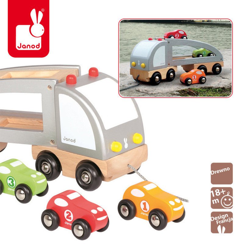 Janod - Samochód drewniany laweta do ciągnięcia