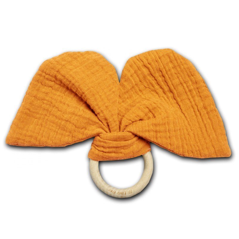 Hi Little One - szeleszczący gryzak Elephant muslin with wood teether Pumpkin