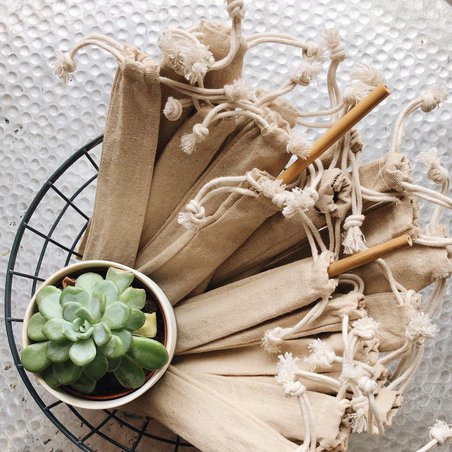 BAMBAW, Zestawy ze Słomką bambusową wraz ze szczoteczką do czyszczenia w bawełnianym woreczku, 25 szt.