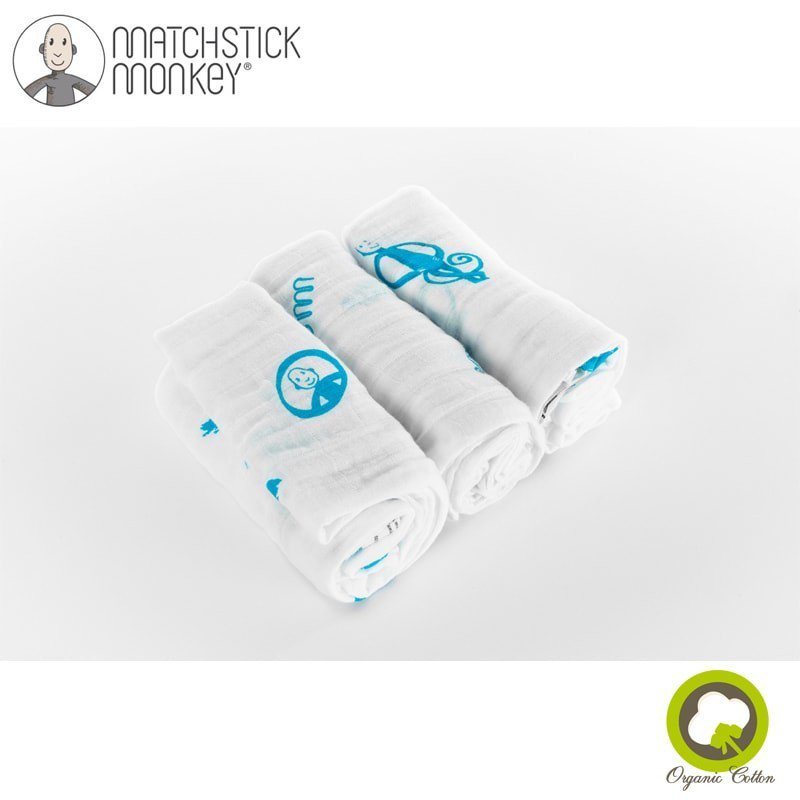 Matchstick Monkey Organic Cotton Muslin Blue Pieluszki muślinowe BIO 3 szt