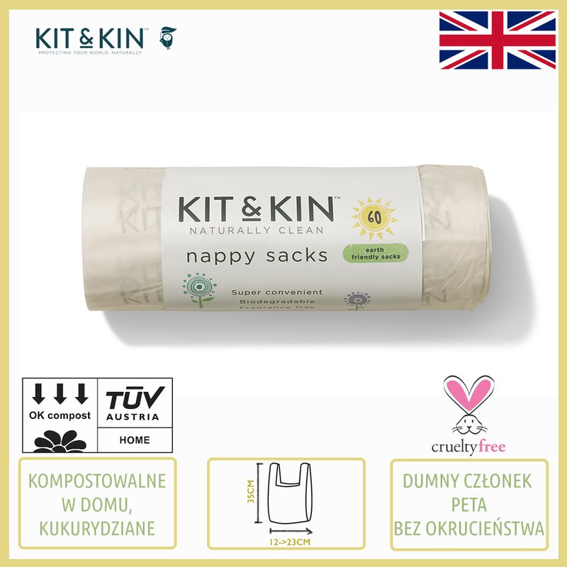 Kit and Kin, Biodegradowalne Bezzapachowe Worki na Zużyte Pieluszki, 60 szt. KIT AND KIN