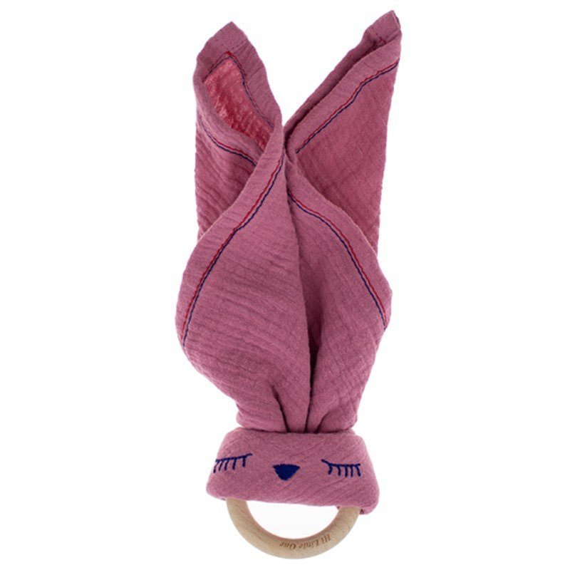 Hi Little One - Przytulanka muślinowa z gryzakiem Sleepy Bunny cozy muslin with wood teether Baby Pink Dark