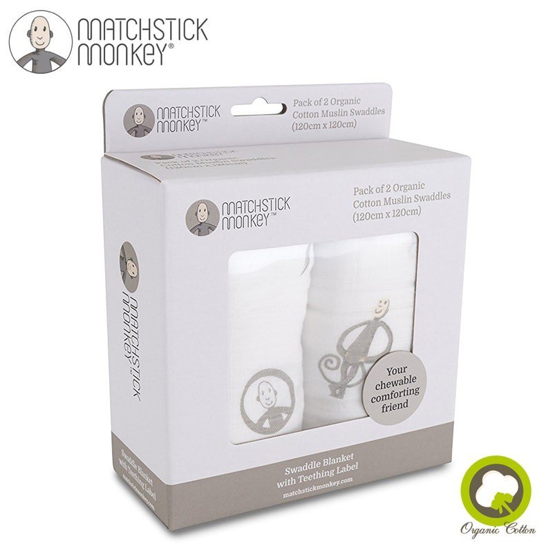 Matchstick Monkey Organic Cotton Swaddle Grey BIO Otulacz z gryzakiem 2 szt